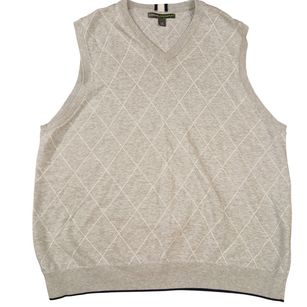 Claiborne Sweater Vest Mens Large Grey Diamond V-Neck Cotton EUC